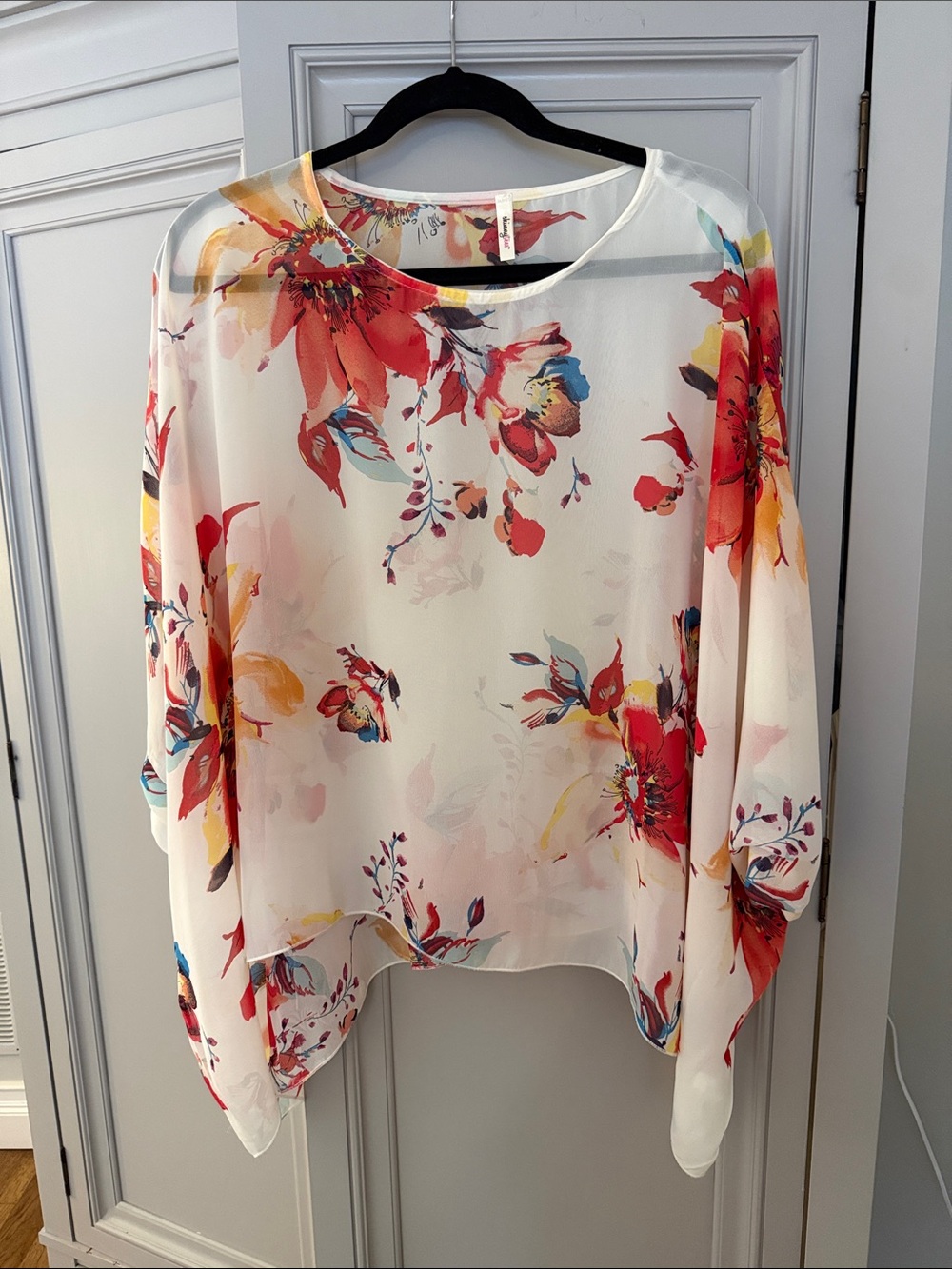Lightweight Floral Blouse - White with Red & Yellow Floral Print